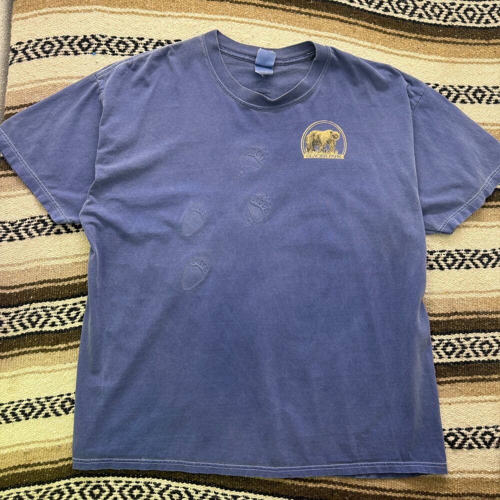 Vintage 90's Glacier National Park Montana Grizzly Bear Tracks Blue Shirt Sz 2XL